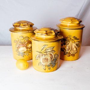 🍑 Vintage Mustard Yellow Ceramic Canisters 🍐 (3)